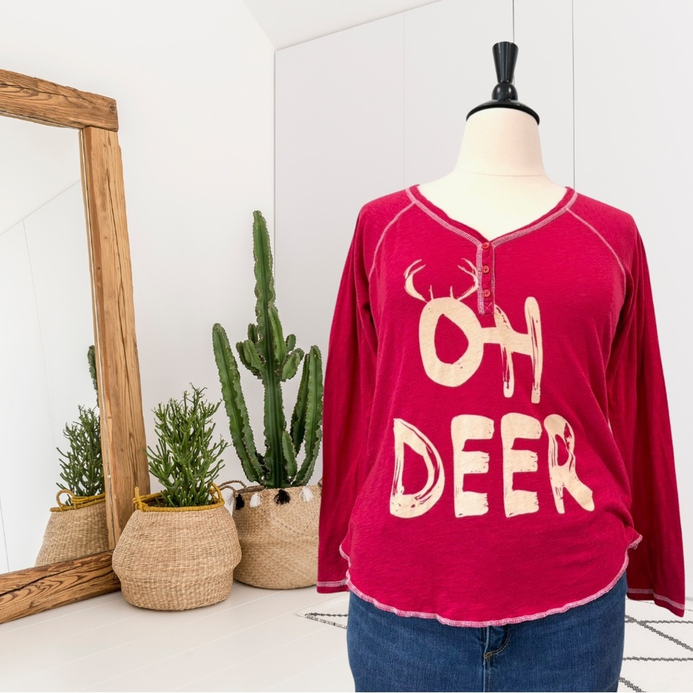 PJ Salvage Long sleeve V-Neck Henley Oh Deer Pajama Top